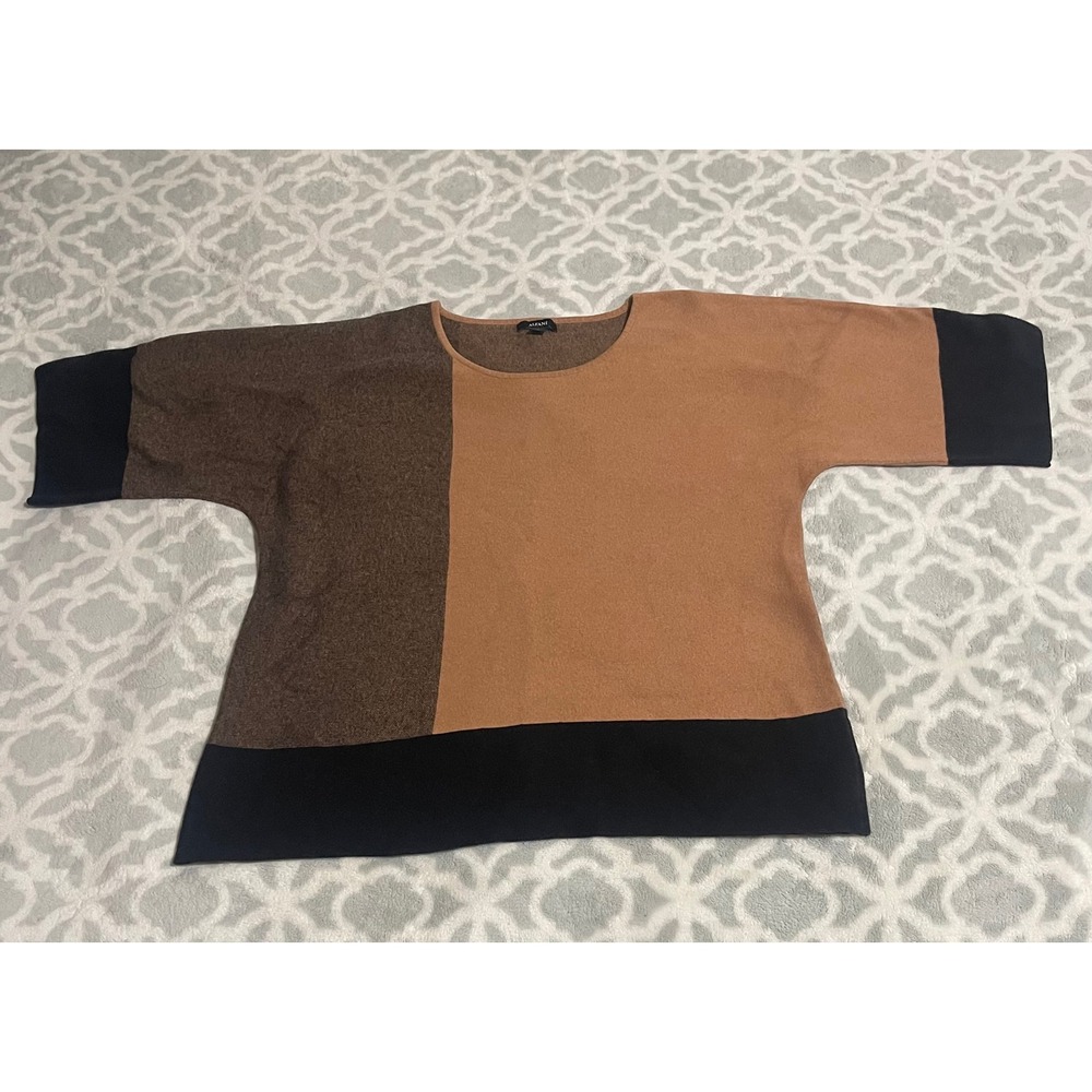 Alfani Womens Large Colorblock Short Sleeve Sweater Brown Tan Black Cotton Blend
